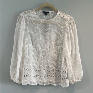 J. Crew White Embroidered Puff Sleeve Blouse